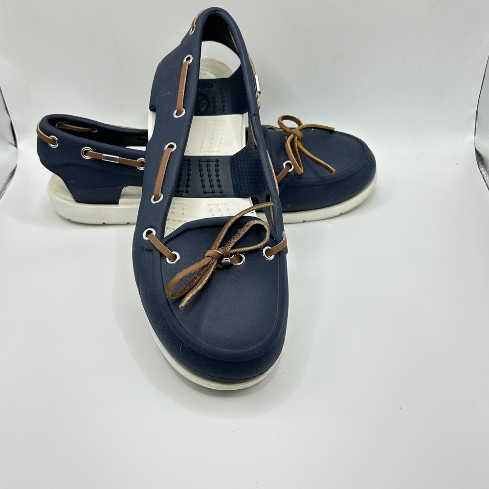 Crocs Beach Line Boat Shoe Navy Blue White Women Size 7 Nautical Flat 14327